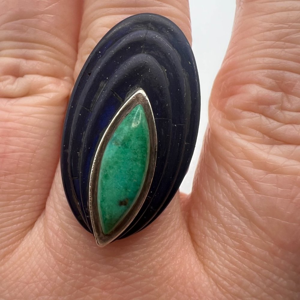 Large Vintage Layered Turquoise & Lapis Lazuli Sterling Silver 925 Ring